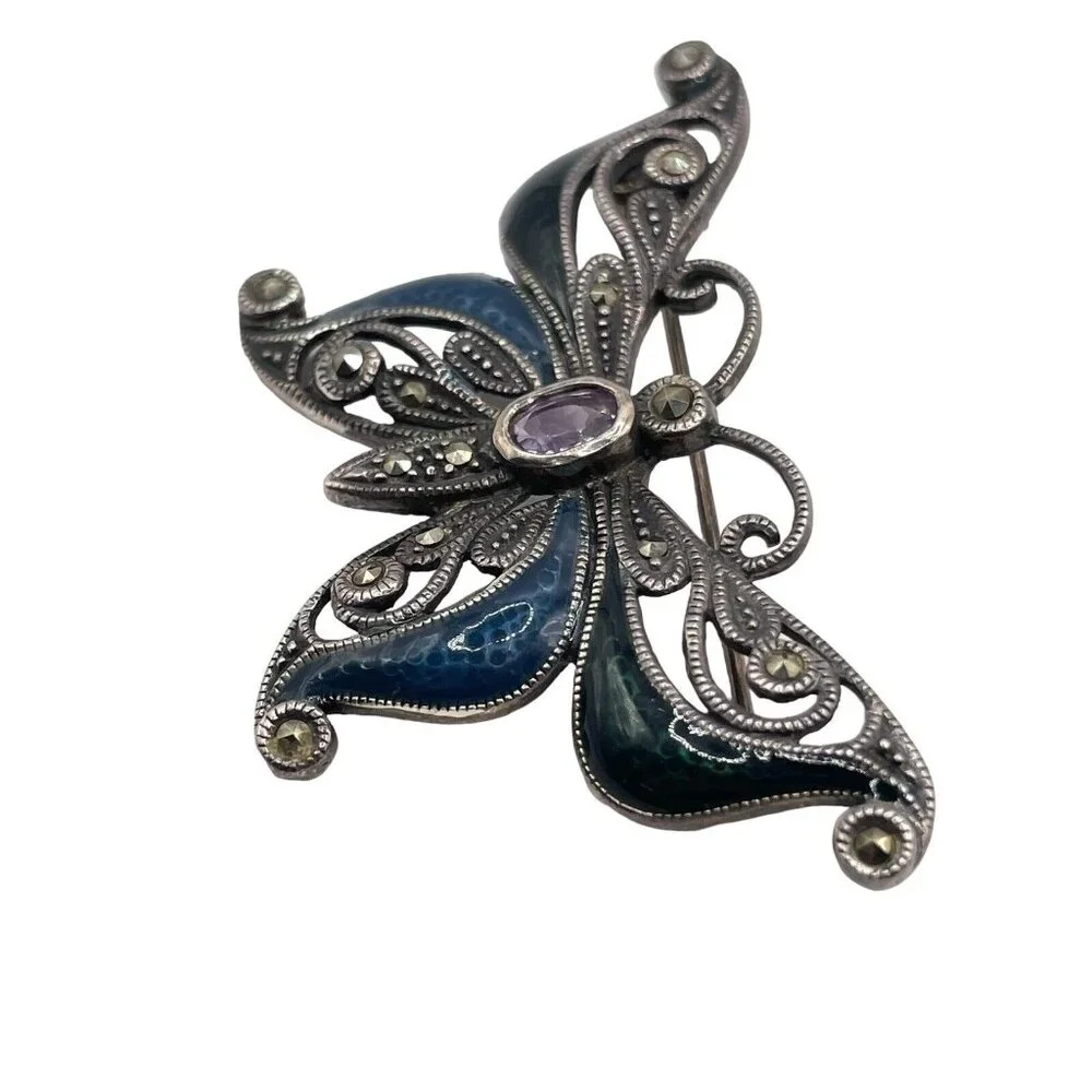Sterling Silver 925 Faceted Amethyst Marcasite Enameled Butterfly Brooch Pin VTG